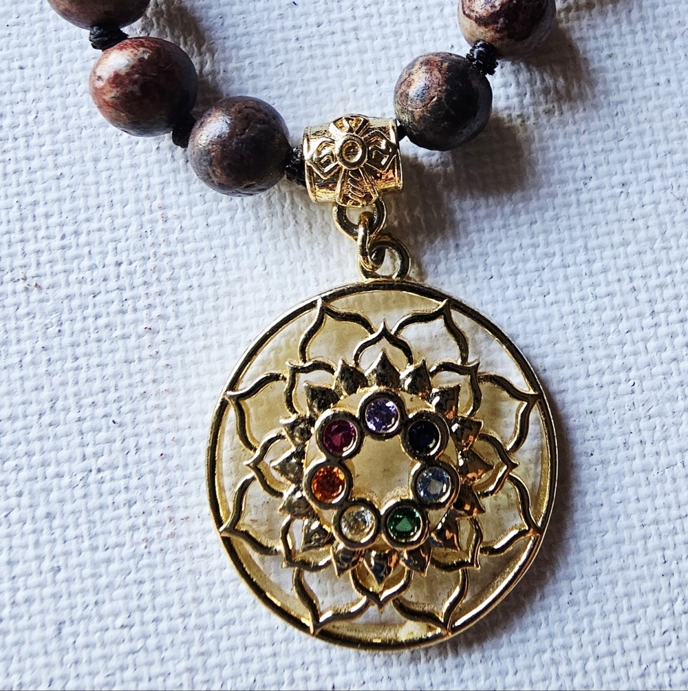 Spiritual Boho Assorted Gemstone Mala Necklace with Gold Chakra Pendant - Picture 3 of 4